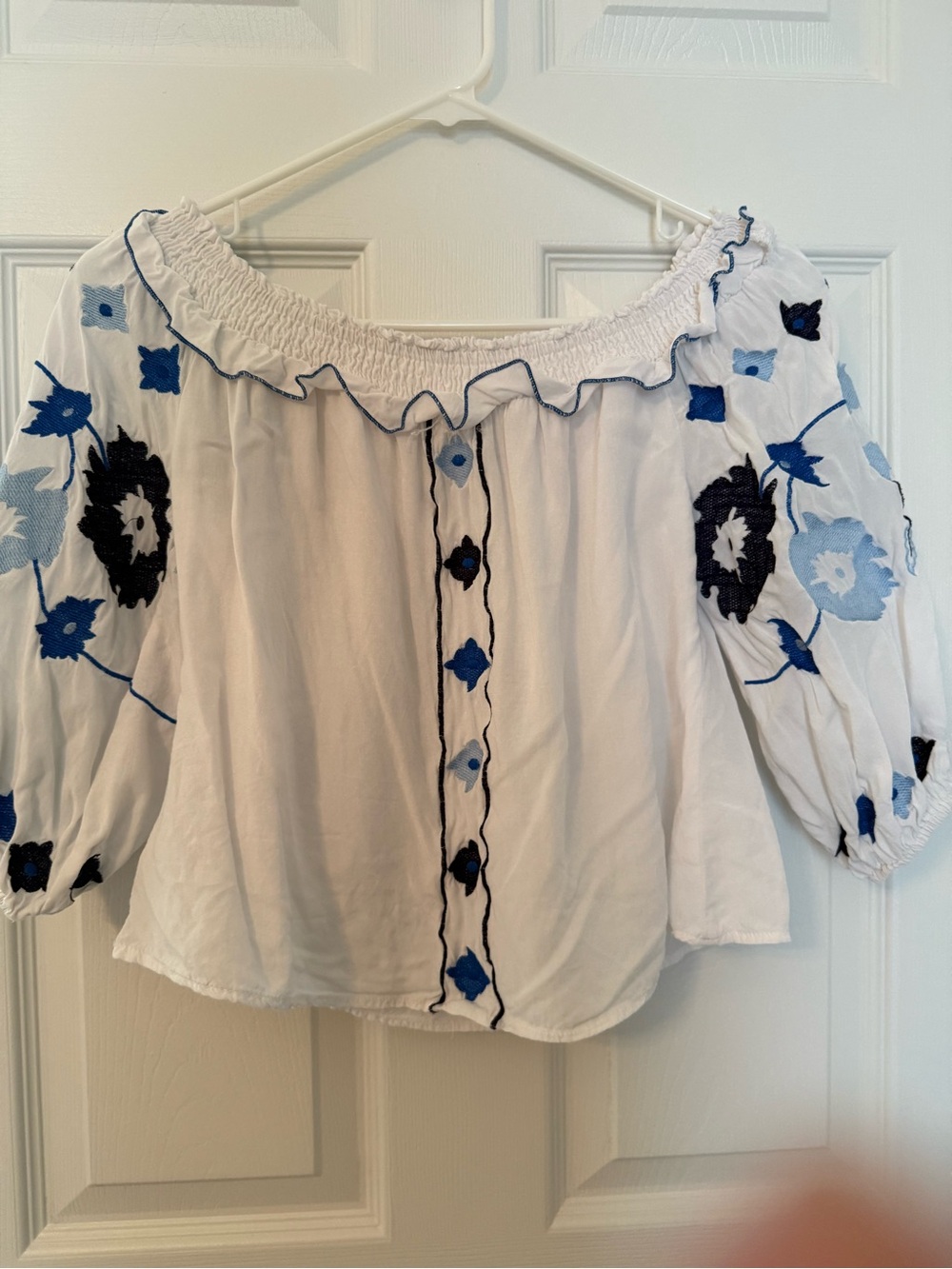 White Off-Shoulder Peasant Top with Blue Floral Embroidery - S